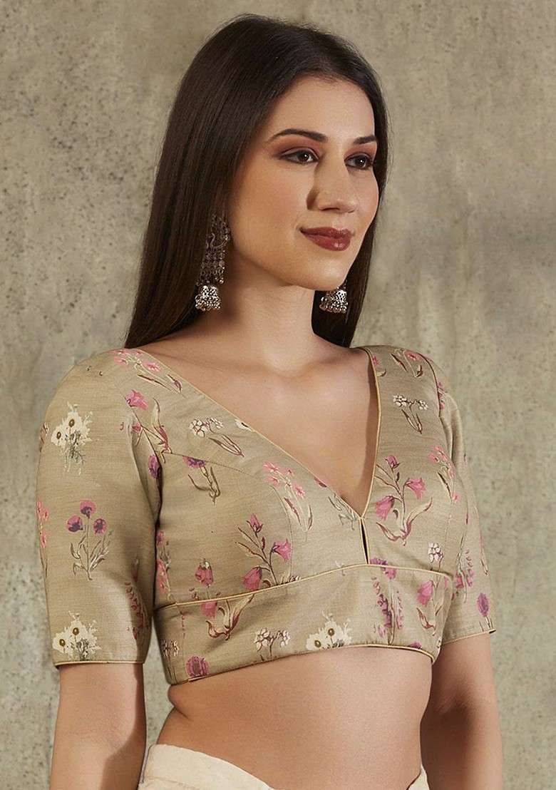 V Neck Floral Printed Readymade Saree Blouse - Indya