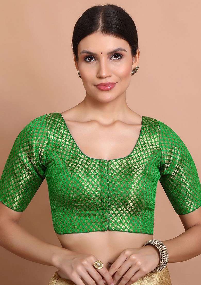 Woven Design Round Neck Saree Blouse - Indya