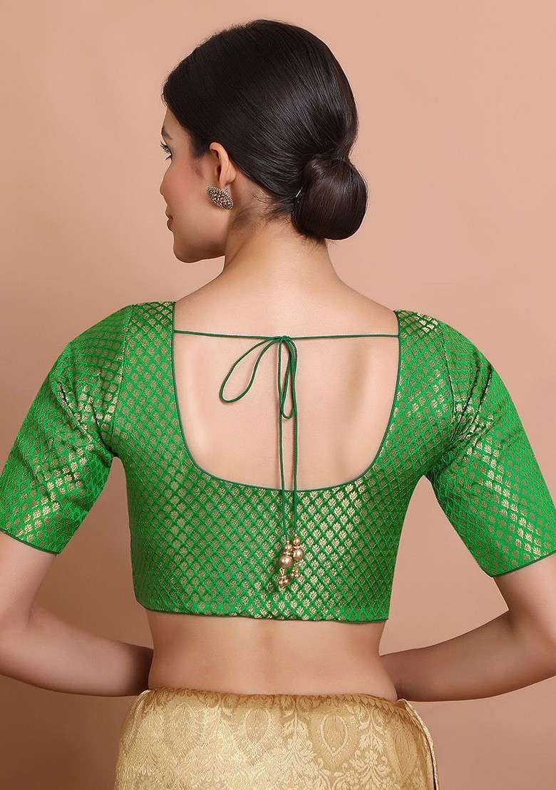 Woven Design Round Neck Saree Blouse - Indya