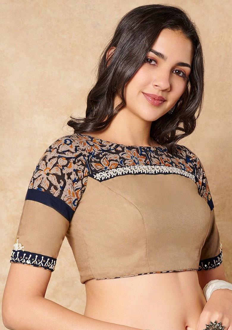 Kalamkari Printed Pure Cotton Boat Neck Saree Blouse