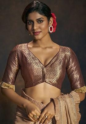 Woven Designed Brocade V Neck Padded Saree Blouse