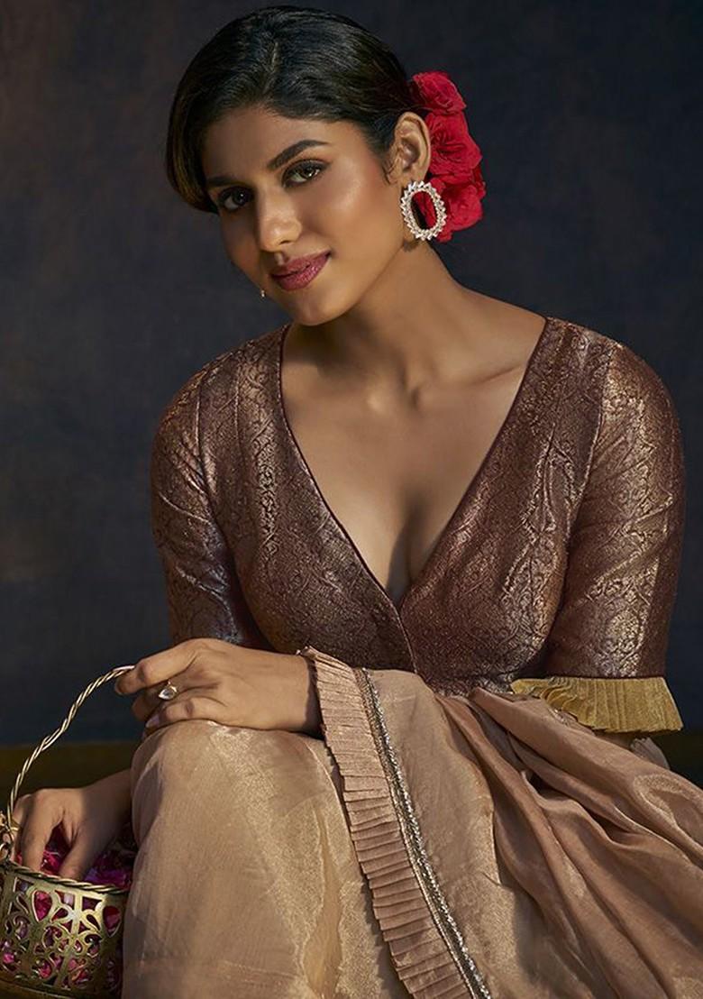 Woven Designed Brocade V Neck Padded Saree Blouse