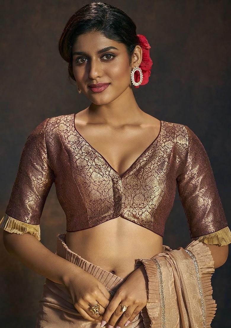 Woven Designed Brocade V Neck Padded Saree Blouse