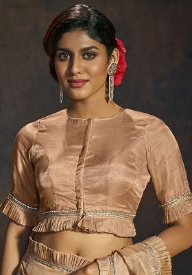Embroidery Boat Neck Ruffle Sleeves Readymade Padded Saree Blouse