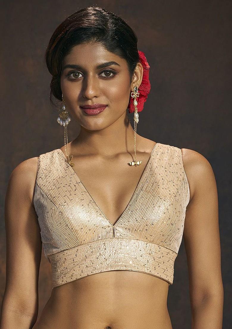 Women Sequin Embroidered V Neck Padded Saree Blouse