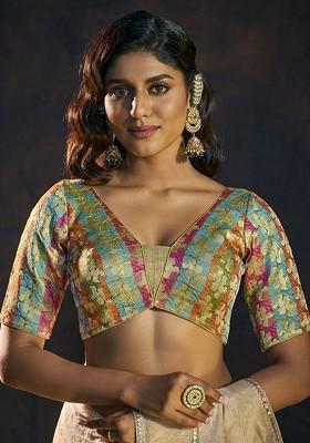 Woven Design Brocade V Neck Short Sleeves Padded Saree Blouse