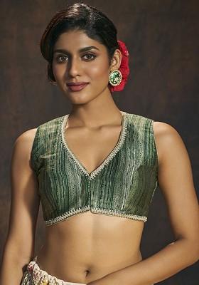 Woven Designed V Neck Banarasi Brocade Readymade Padded Saree Blouse