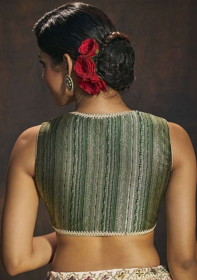 Woven Designed V Neck Banarasi Brocade Readymade Padded Saree Blouse - Indya
