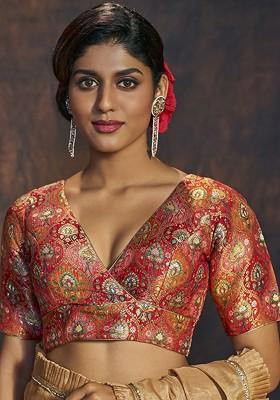 Woven Designed Brocade V Neck Padded Saree Blouse