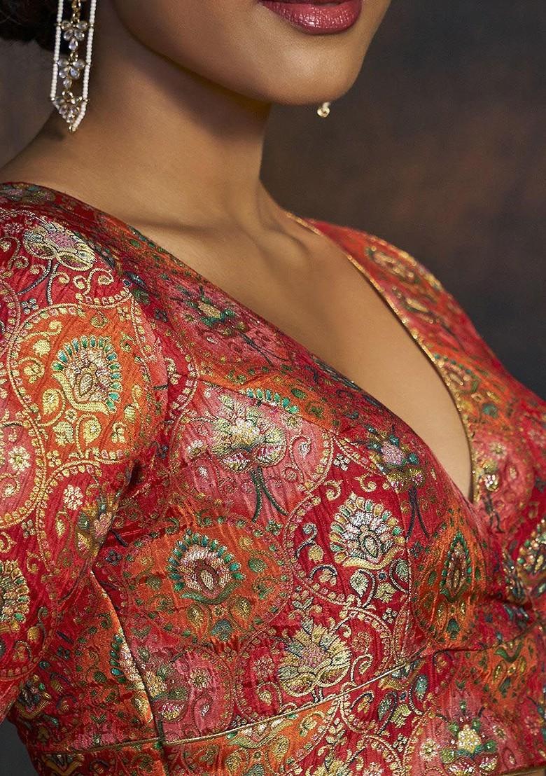 Woven Designed Brocade V Neck Padded Saree Blouse