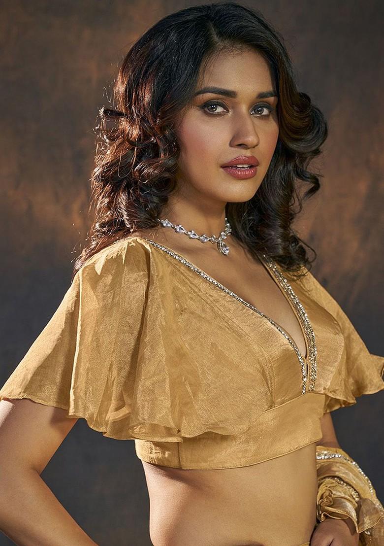 Embellished V Neck Ruffle Sleeves Padded Saree Blouse