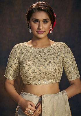 Women Embellished Boat Neck Sequin Padded Saree Blouse