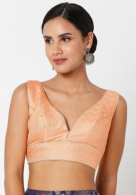Women Peach Self Design Brocade Saree Blouse
