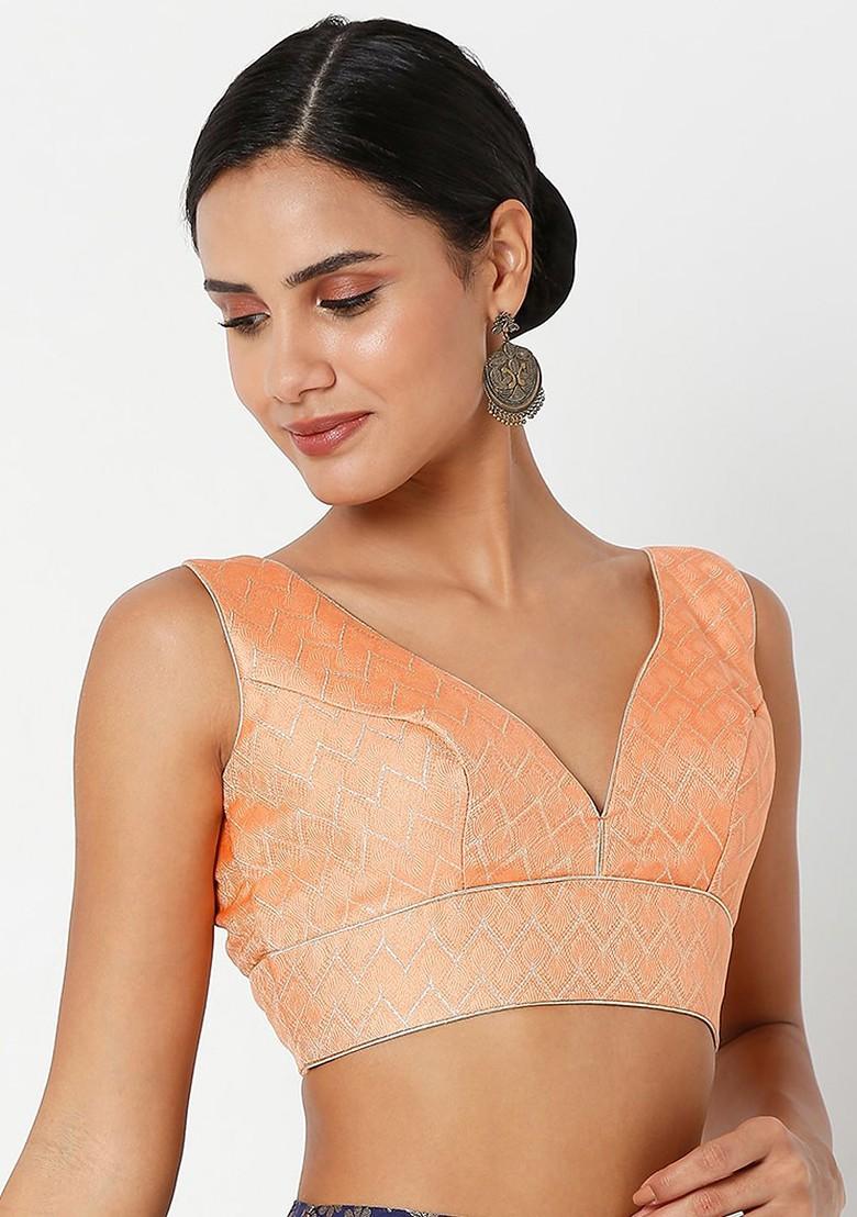 Women Peach Self Design Brocade Saree Blouse