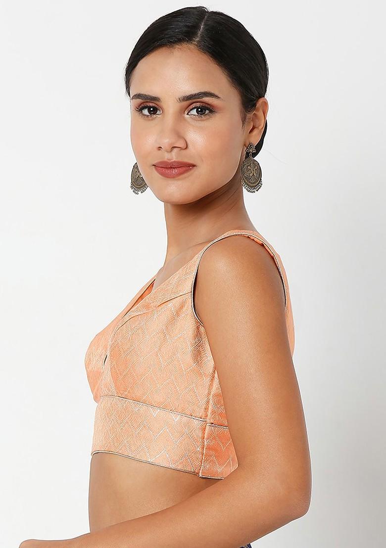 Women Peach Self Design Brocade Saree Blouse