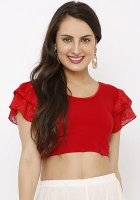 Women Red Solid Stretchable Readymade Saree Blouse