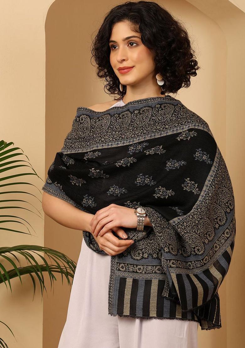 Black Woven Design Woolen Shawls - Indya