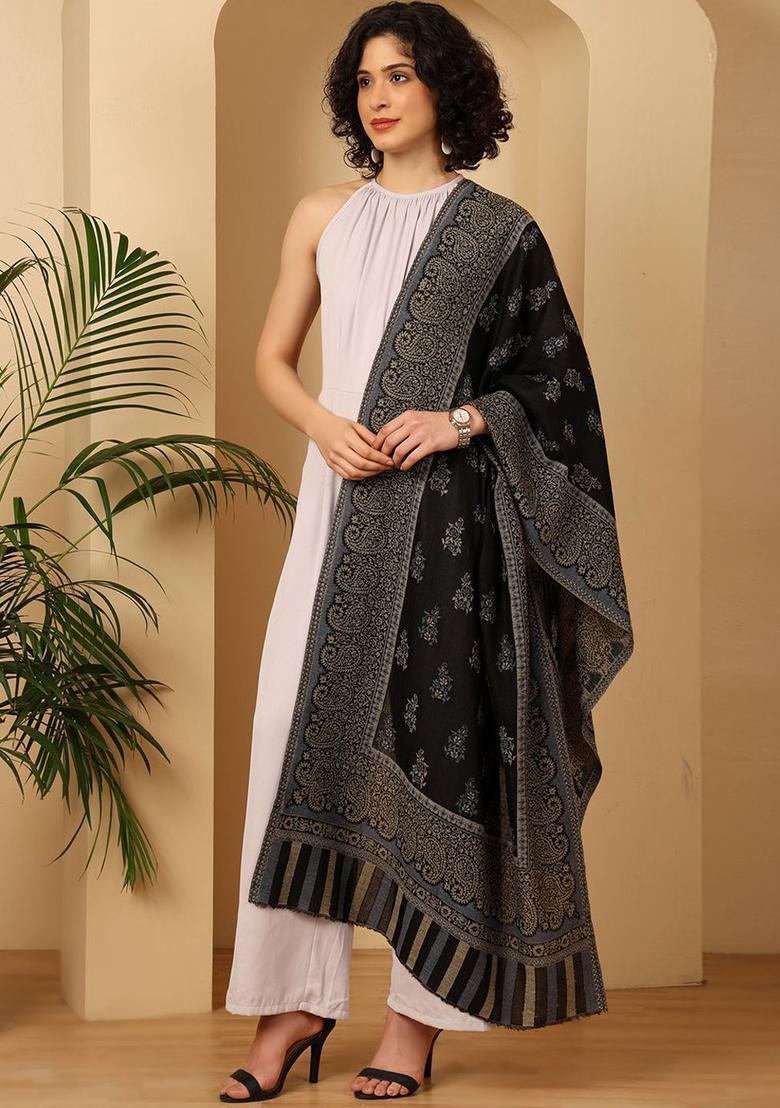Black Woven Design Woolen Shawls - Indya
