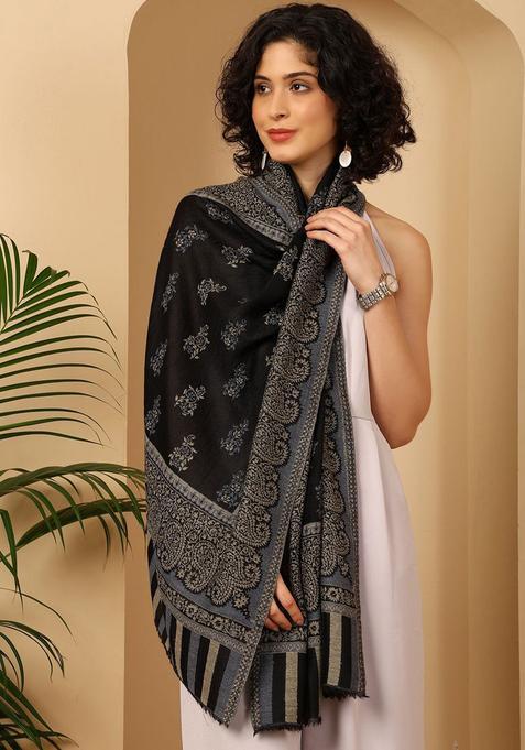 Black Woven Design Woolen Shawls