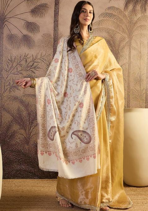 Cream Floral Woolen Shawls