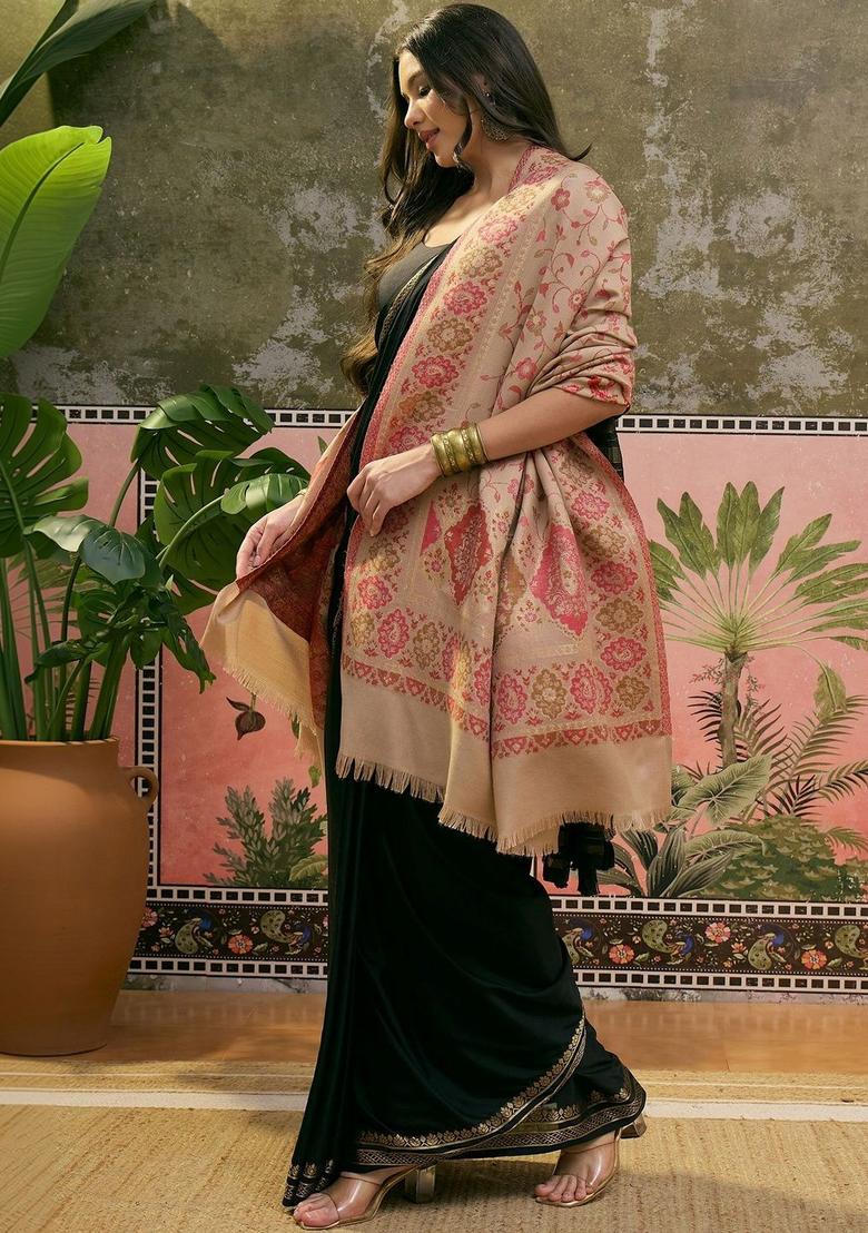 Beige Woven Design Woolen Shawls - Indya