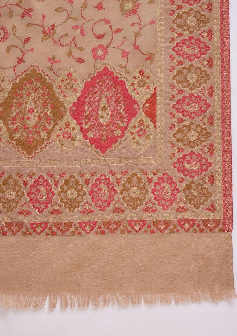 Beige Woven Design Woolen Shawls - Indya