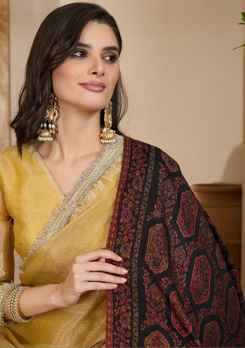 Black Woven Design Woolen Shawls - Indya