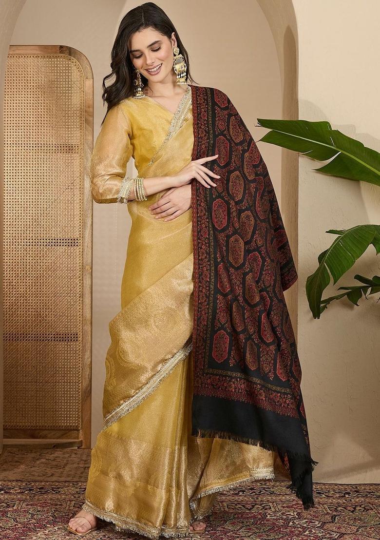 Black Woven Design Woolen Shawls - Indya