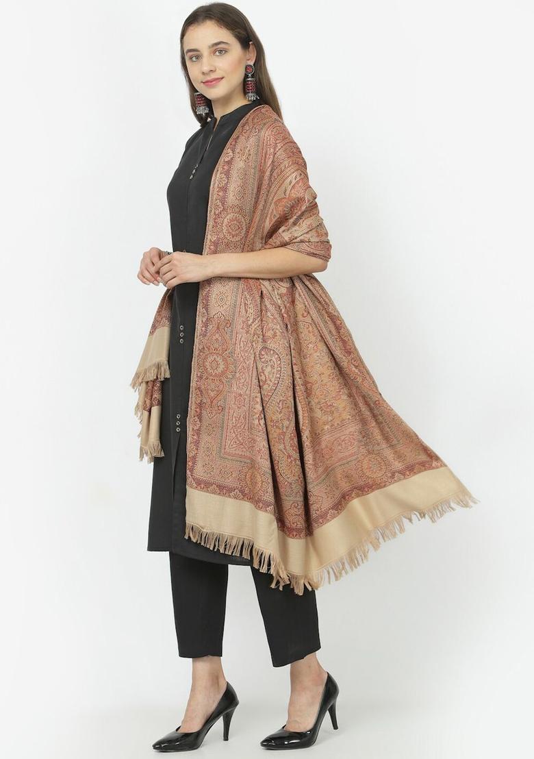 Beige Woven Design Woolen Shawls - Indya