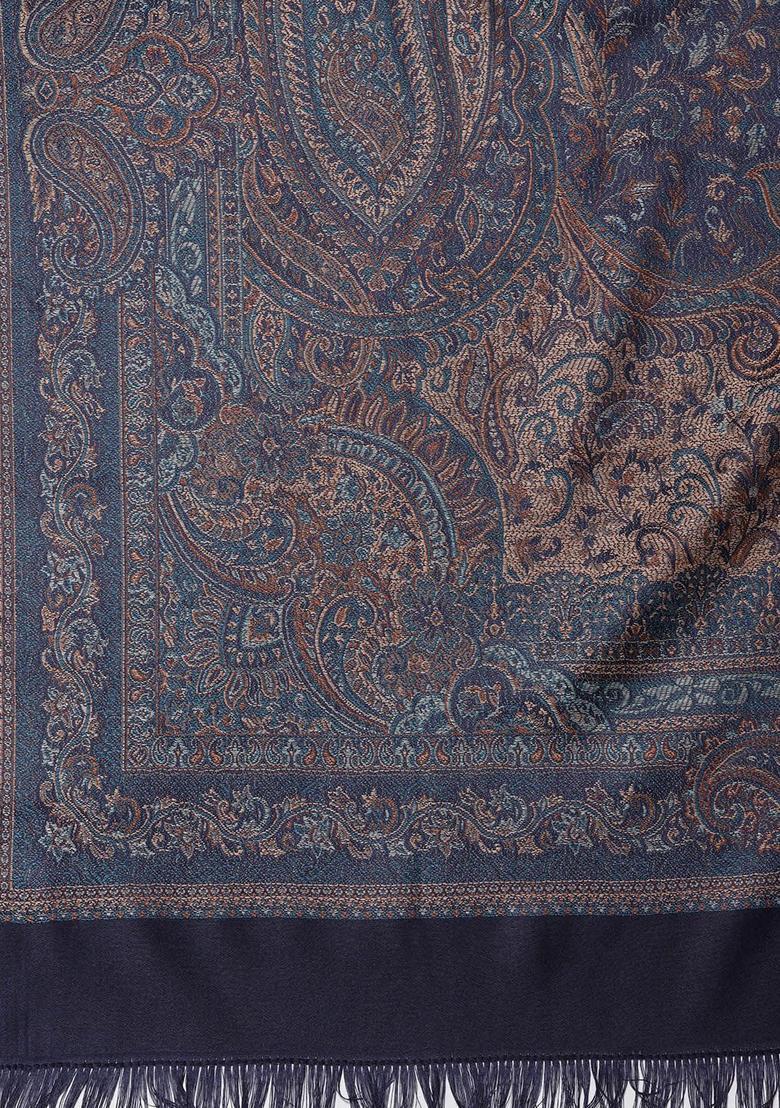 Navy Blue Paisley Woolen Shawls - Indya