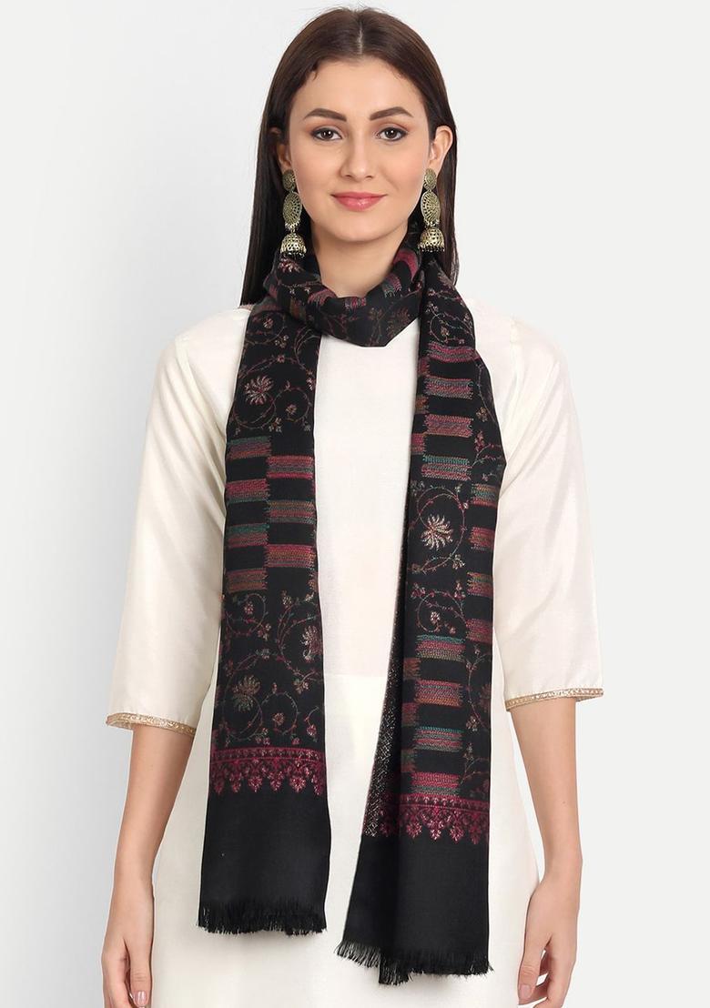 Black Woven Design Woolen Shawls - Indya