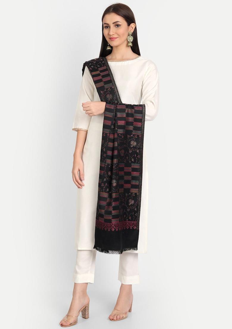 Black Woven Design Woolen Shawls - Indya