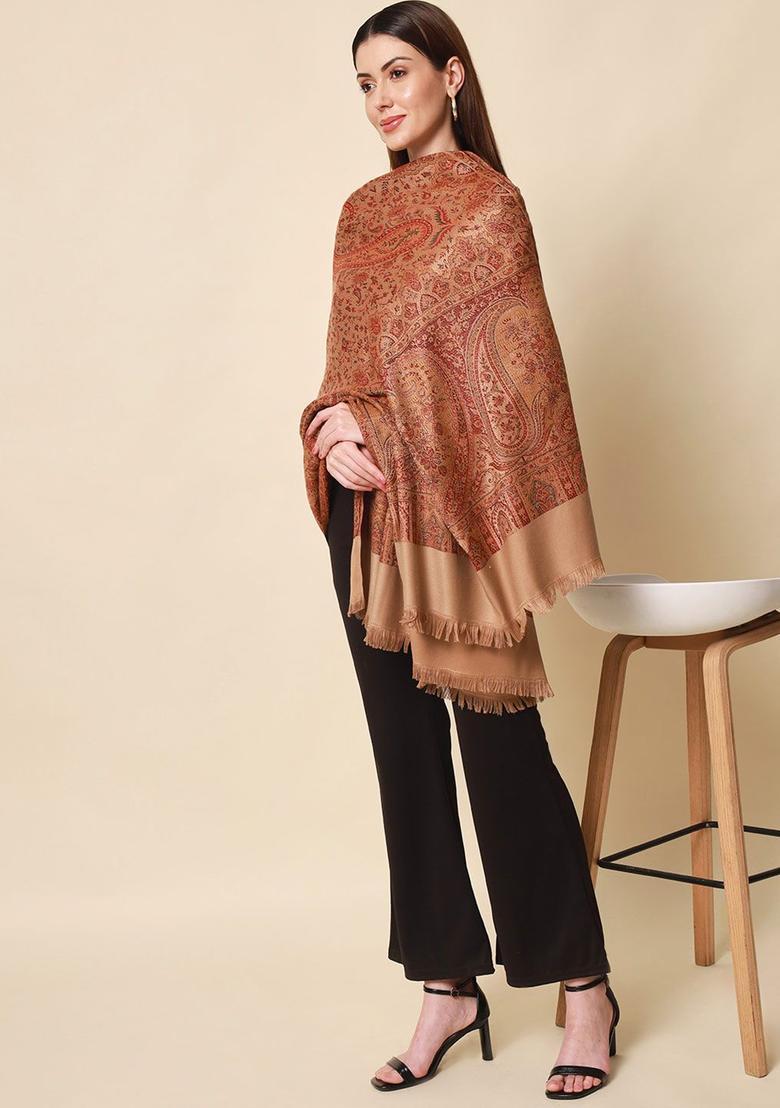 Brown Woven Design Woolen Shawls - Indya
