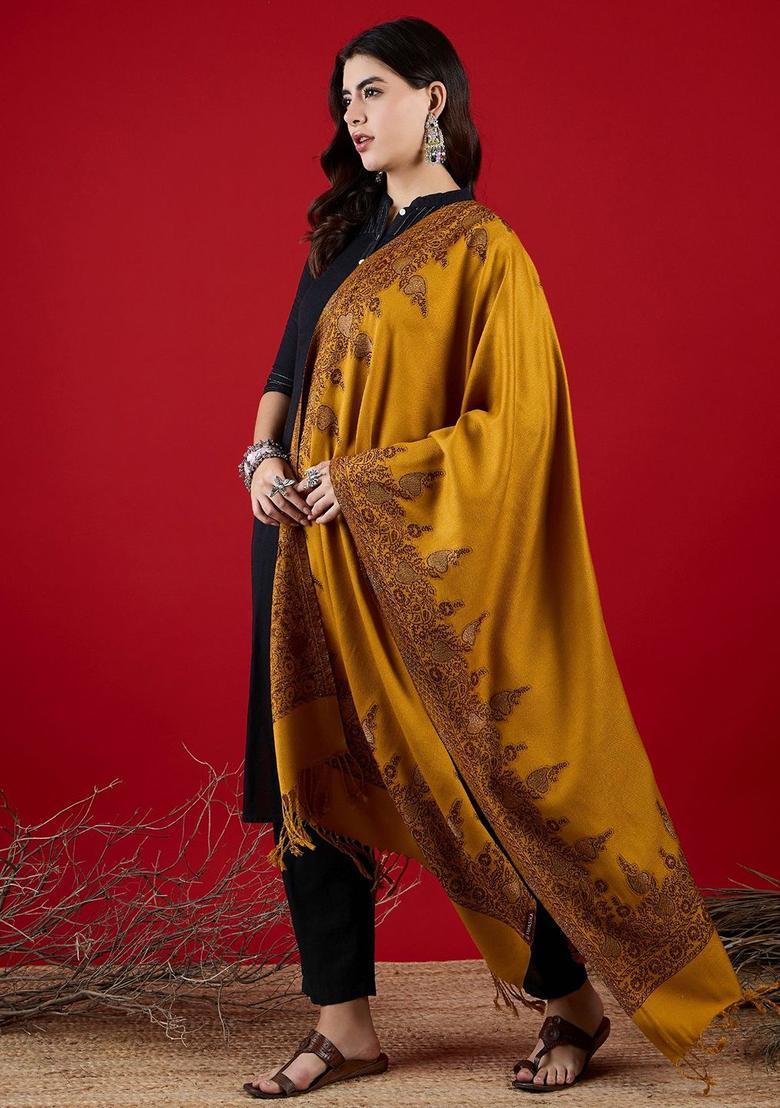 Mustard Paisley Woolen Shawls - Indya