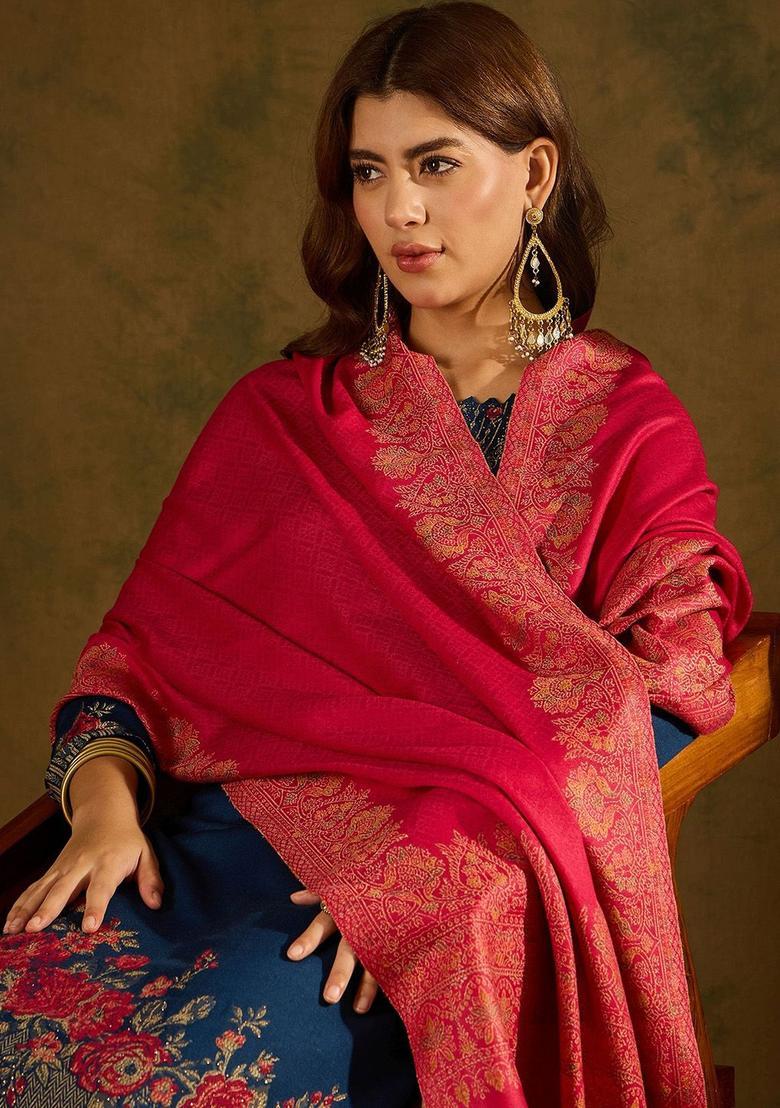 Pink Floral Woolen Shawls - Indya