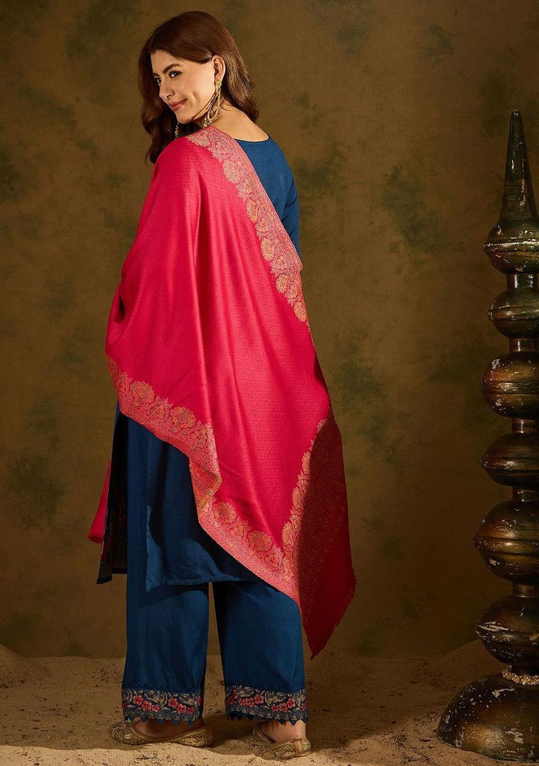 Pink Floral Woolen Shawls - Indya