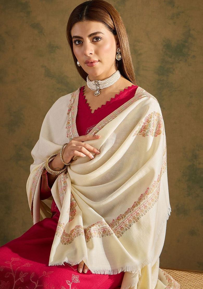 Off White Woven Design Woolen Shawls - Indya