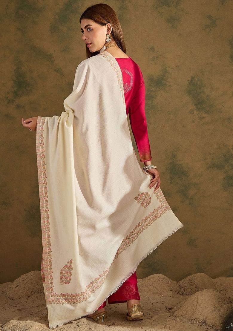 Off White Woven Design Woolen Shawls - Indya