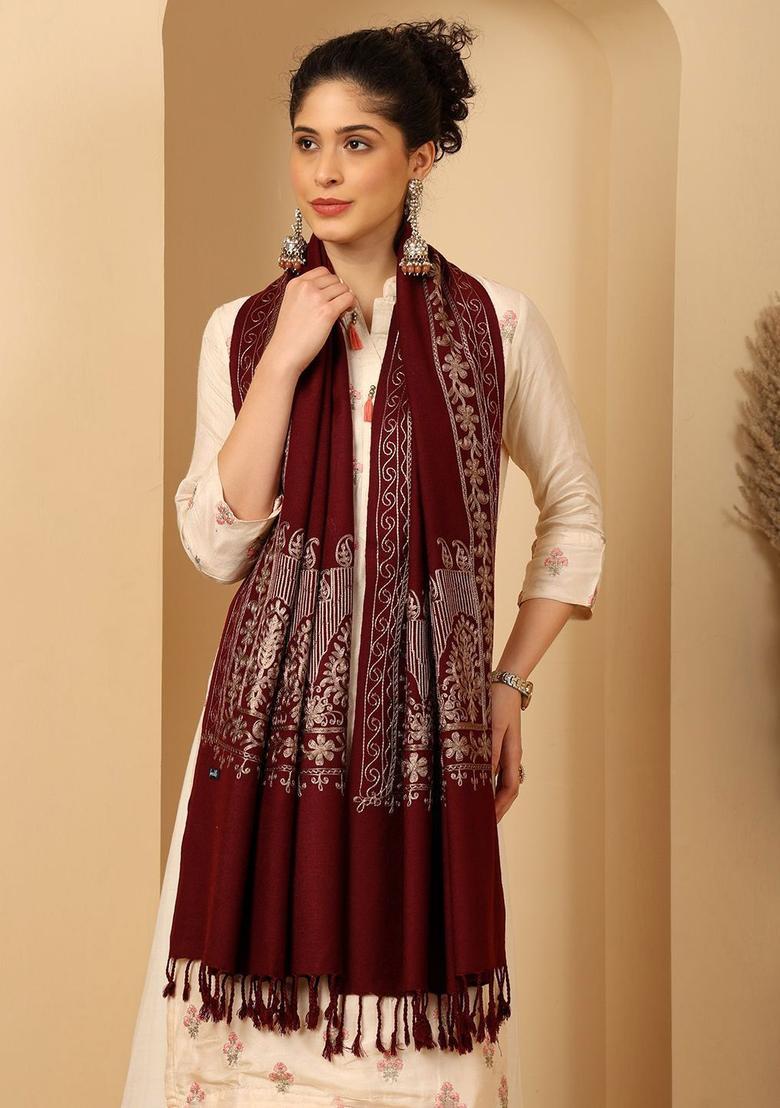 Maroon Woven Design Woolen Shawls - Indya