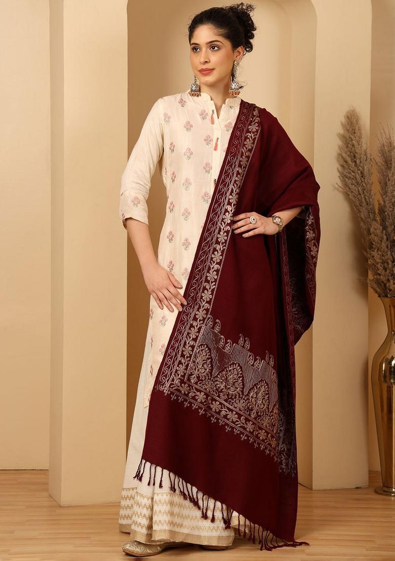 Maroon Woven Design Woolen Shawls - Indya