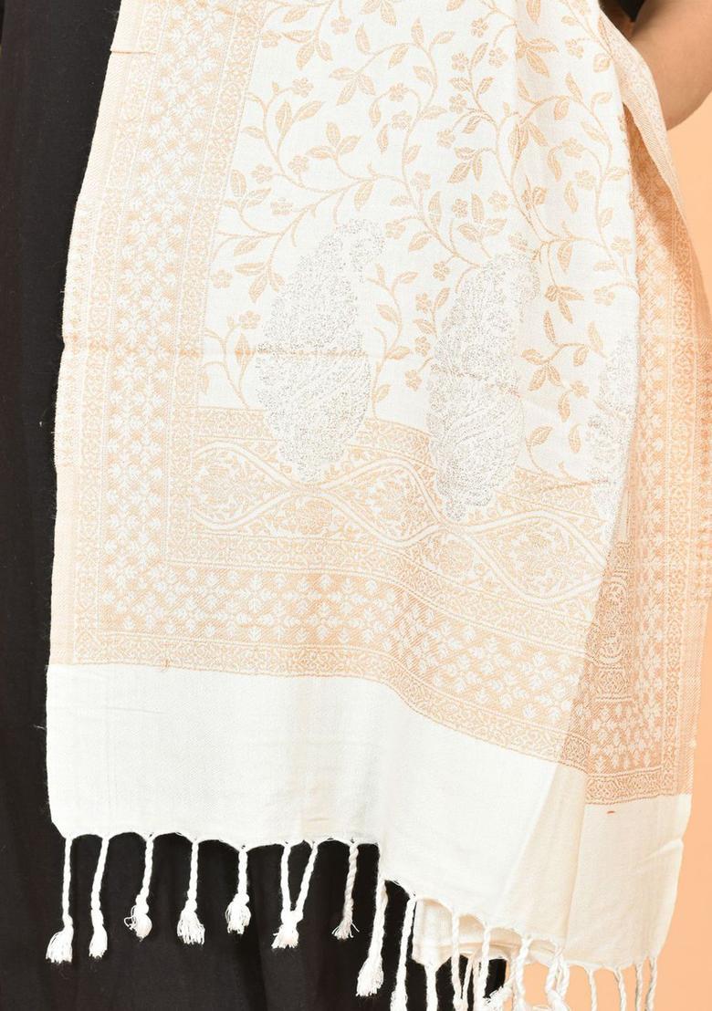 White Floral Woolen Shawls - Indya