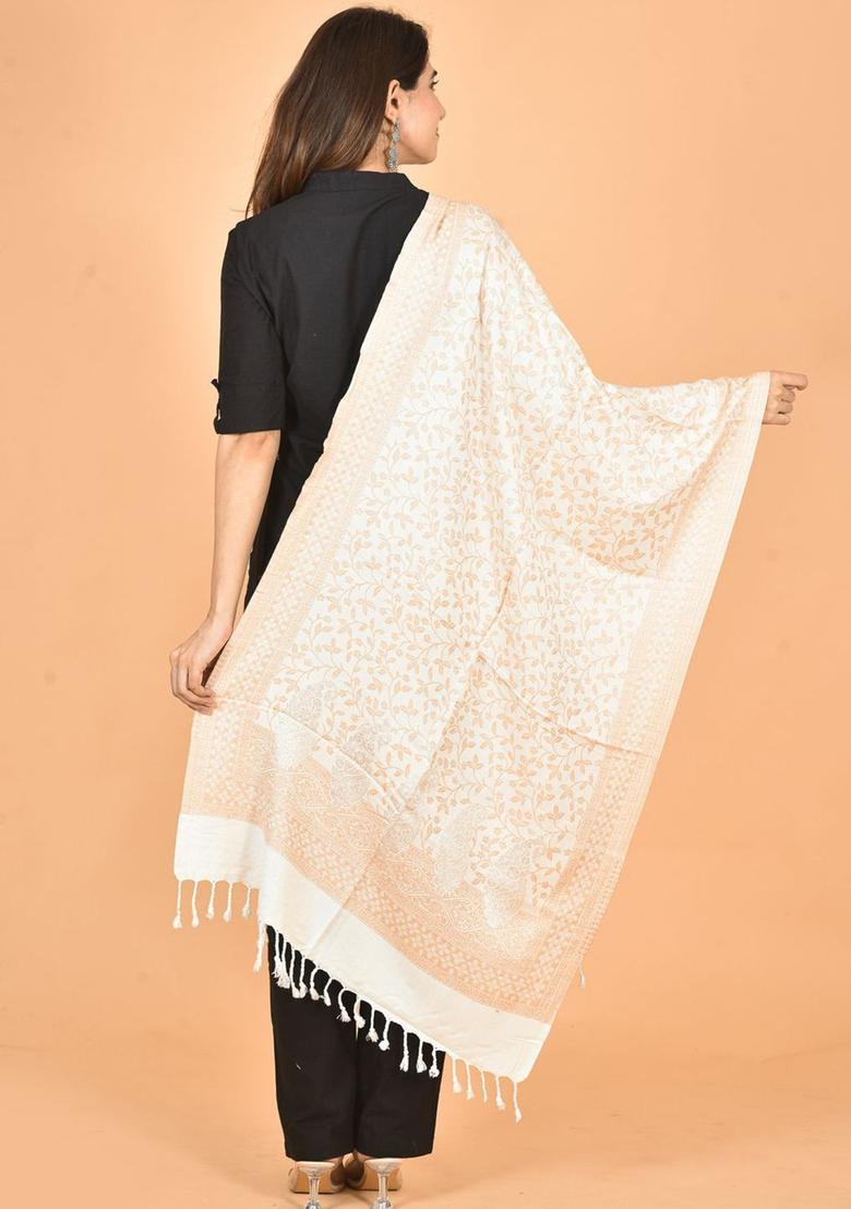 White Floral Woolen Shawls - Indya