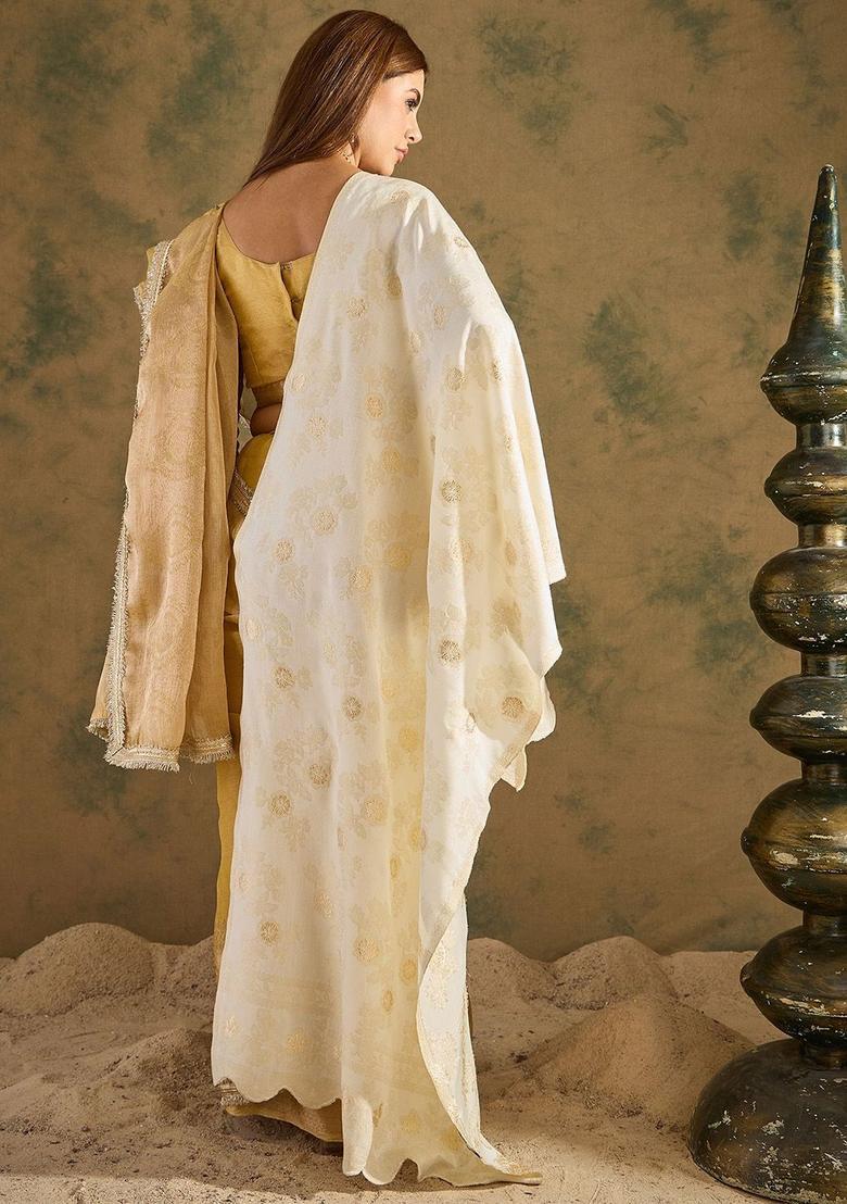 White Floral Woolen Shawls - Indya
