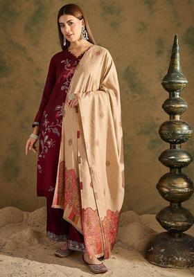 Beige Woven Design Woolen Shawls