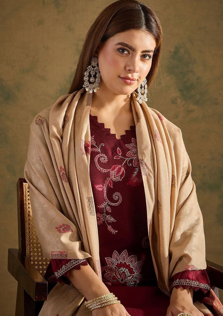 Beige Woven Design Woolen Shawls - Indya