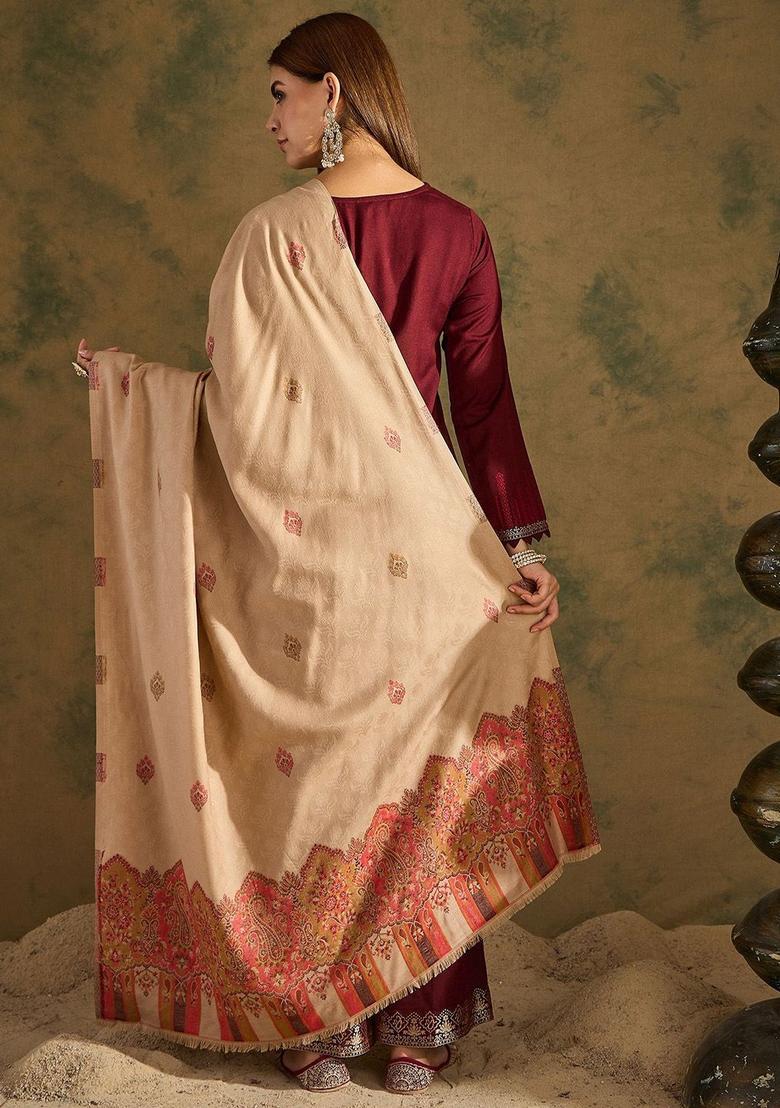 Beige Woven Design Woolen Shawls - Indya