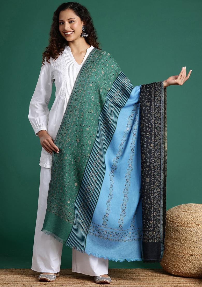 Green Floral Woolen Shawls - Indya