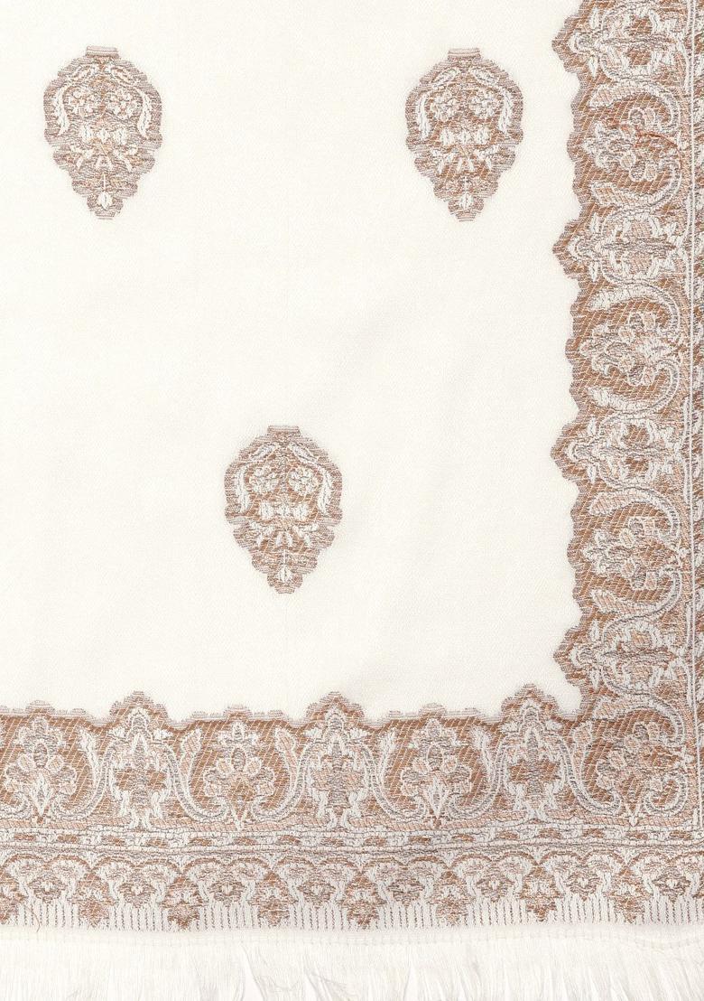 Off White Woven Design Woolen Shawls - Indya