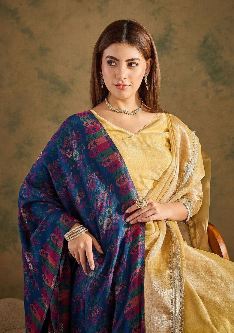 Blue Floral Woolen Shawls - Indya