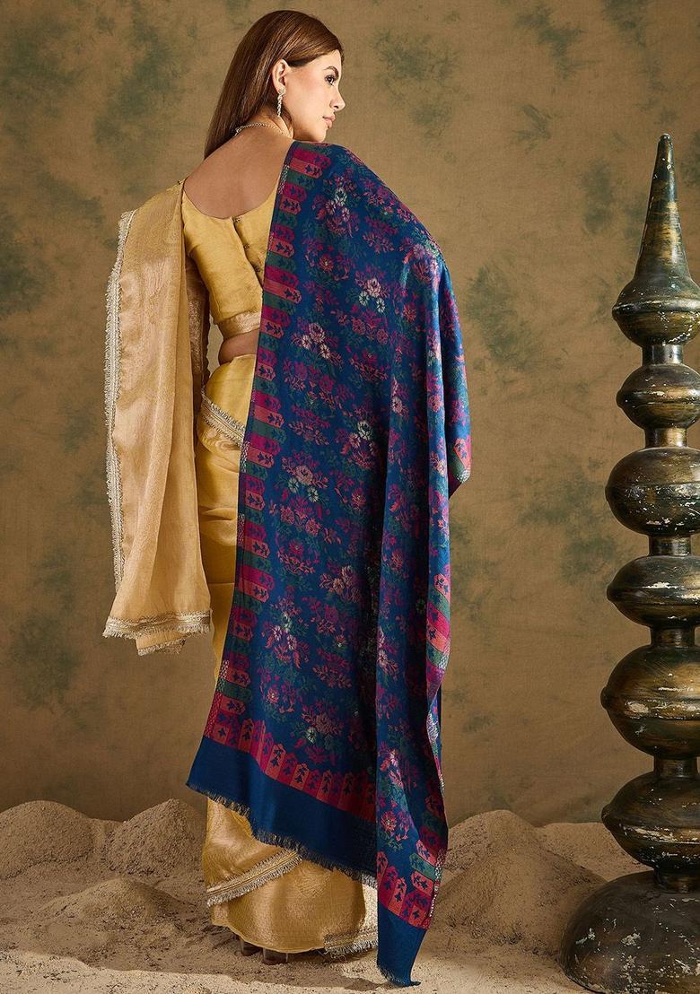 Blue Floral Woolen Shawls - Indya